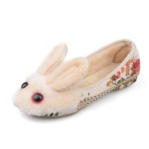 Bunny Red Eyes Ears Fur Lining Floral Print Cute Flat Loafers