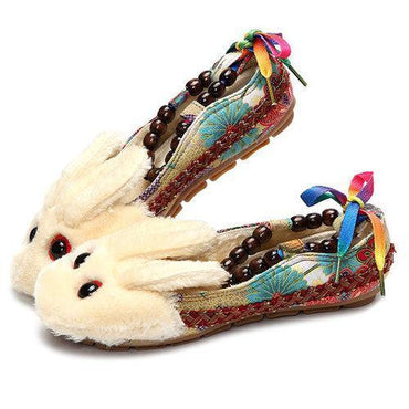 Big Size Colorful Bunny Rabit Cute Beaded Lace Up Vintage Canton Flat Shoes