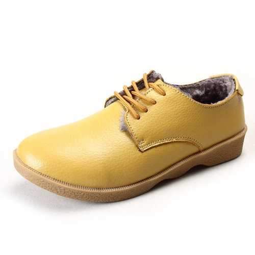 Leather Lace Up Fur Lining Cotton Keep Warm Casual Outdoor Flat Loafers