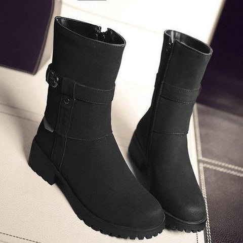 Big Size Buckle Button Zipper Mid Calf Metal Square Heel Boots