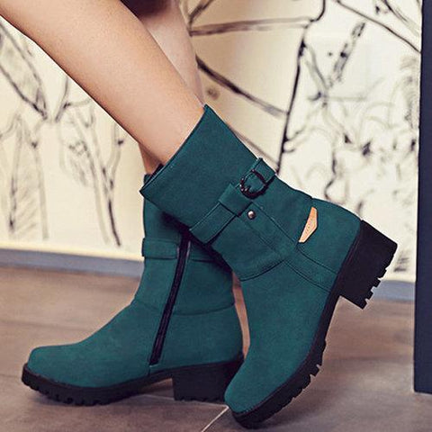 Big Size Buckle Button Zipper Mid Calf Metal Square Heel Boots