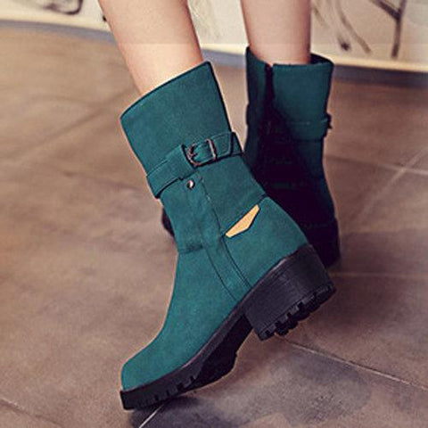 Big Size Buckle Button Zipper Mid Calf Metal Square Heel Boots