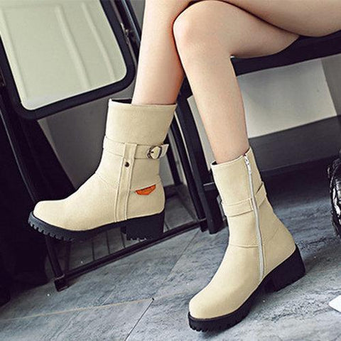 Big Size Buckle Button Zipper Mid Calf Metal Square Heel Boots