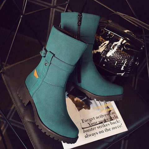 Big Size Buckle Button Zipper Mid Calf Metal Square Heel Boots