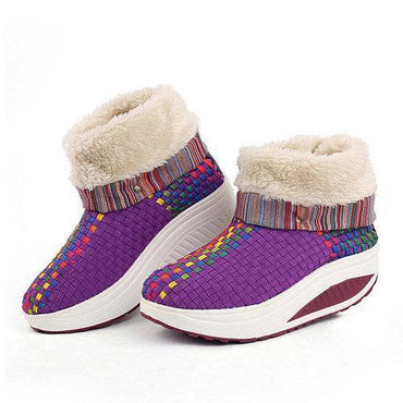 Knitting Color Match Fur Lining Folded Platform Rocker Sole Ankle Boots