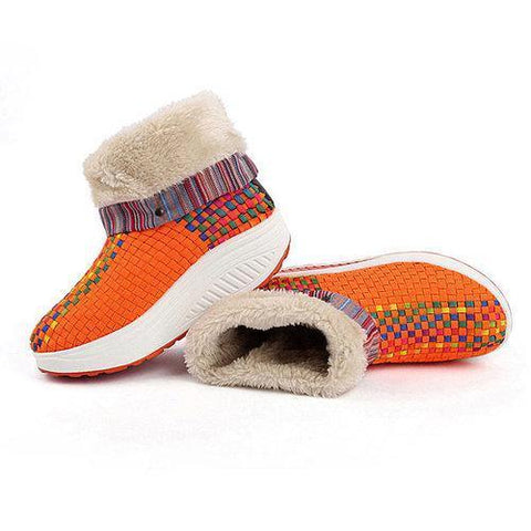 Knitting Color Match Fur Lining Folded Platform Rocker Sole Ankle Boots