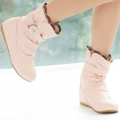 Big Size Lace Heel Buckle Increasing Slip On Mid Calf Flat Boots