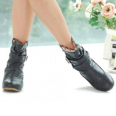 Big Size Lace Heel Buckle Increasing Slip On Mid Calf Flat Boots