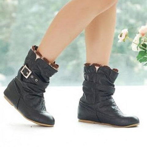 Big Size Lace Heel Buckle Increasing Slip On Mid Calf Flat Boots