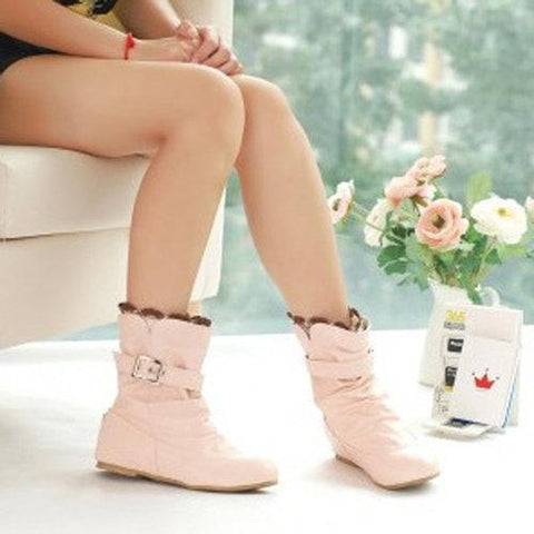 Big Size Lace Heel Buckle Increasing Slip On Mid Calf Flat Boots