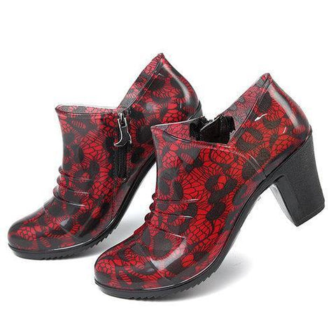 Fashion Rubber Floral Waterproof Ankle Zipper Rainboots