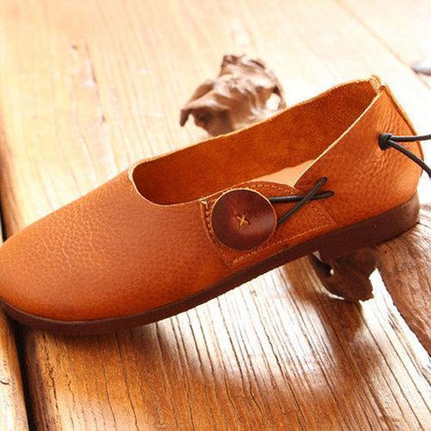 Socofy Button Genuine Leather Soft Sole Slip On Comfortable Flat Shoes