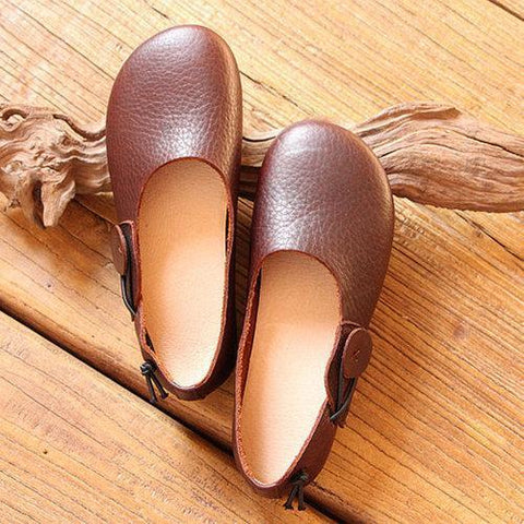 Socofy Button Genuine Leather Soft Sole Slip On Comfortable Flat Shoes