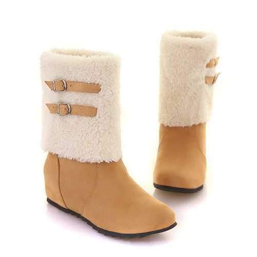 Big Size Buckle Folded Casual Warm Cotton Lining Mid Calf Boots