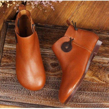 SOCOFY Genuine Leather Button Stitching Ankle Zipper Vintage