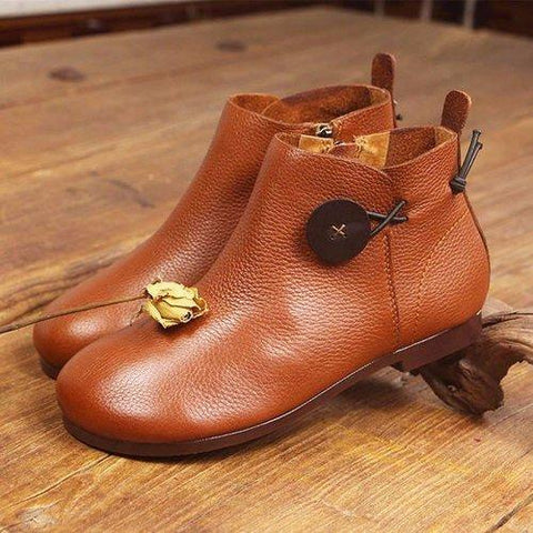 SOCOFY Genuine Leather Button Stitching Ankle Zipper Vintage