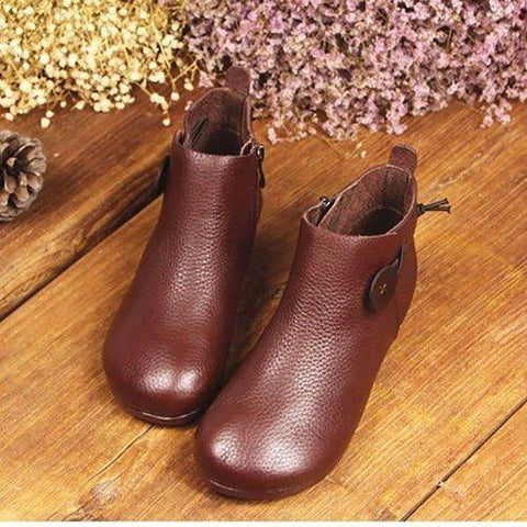 SOCOFY Genuine Leather Button Stitching Ankle Zipper Vintage