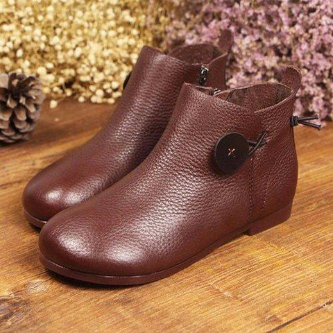 SOCOFY Genuine Leather Button Stitching Ankle Zipper Vintage