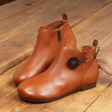 SOCOFY Genuine Leather Button Stitching Ankle Zipper Vintage