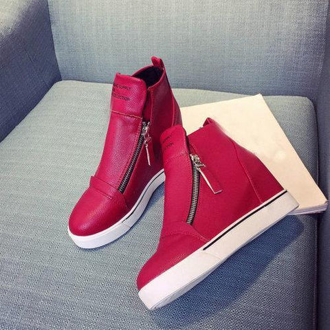 Double Zipper Letter Wedge Heel Ankle Pure Color Boots