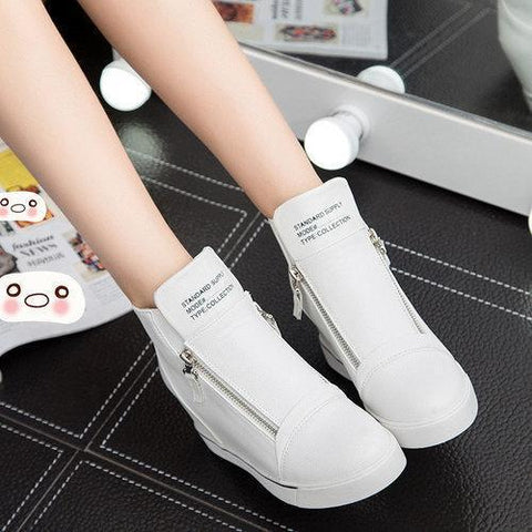 Double Zipper Letter Wedge Heel Ankle Pure Color Boots