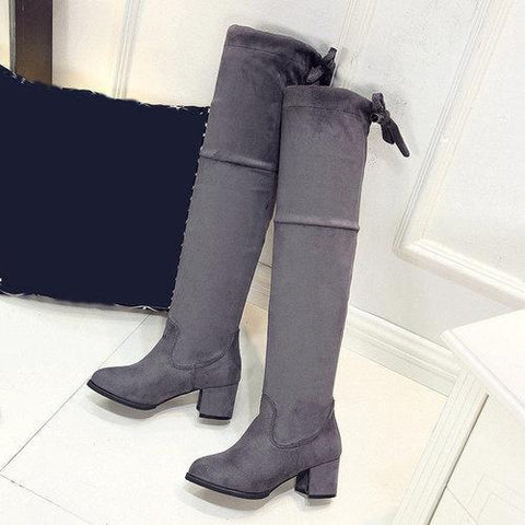 Faux Suede Over The Knee Lace Decoration Square Heel Boots