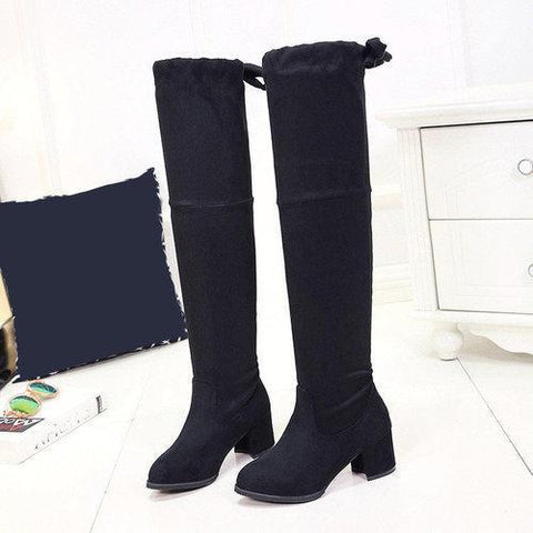 Faux Suede Over The Knee Lace Decoration Square Heel Boots