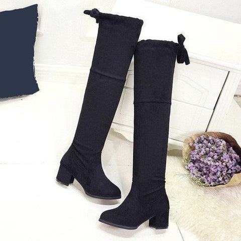 Faux Suede Over The Knee Lace Decoration Square Heel Boots