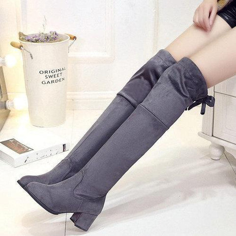 Faux Suede Over The Knee Lace Decoration Square Heel Boots