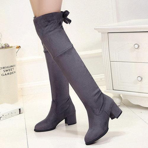 Faux Suede Over The Knee Lace Decoration Square Heel Boots