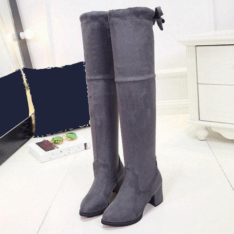 Faux Suede Over The Knee Lace Decoration Square Heel Boots