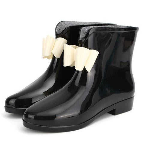 Black Bowknot Waterproof Slip On Ankle Rain Boots