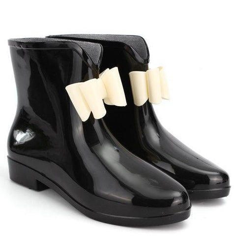 Black Bowknot Waterproof Slip On Ankle Rain Boots