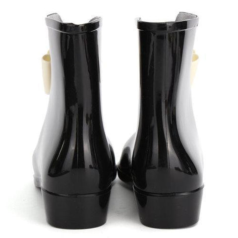 Black Bowknot Waterproof Slip On Ankle Rain Boots