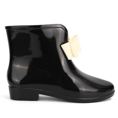 Black Bowknot Waterproof Slip On Ankle Rain Boots