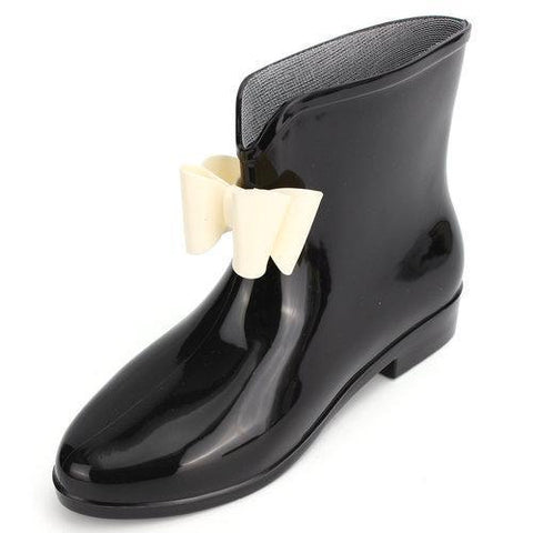 Black Bowknot Waterproof Slip On Ankle Rain Boots