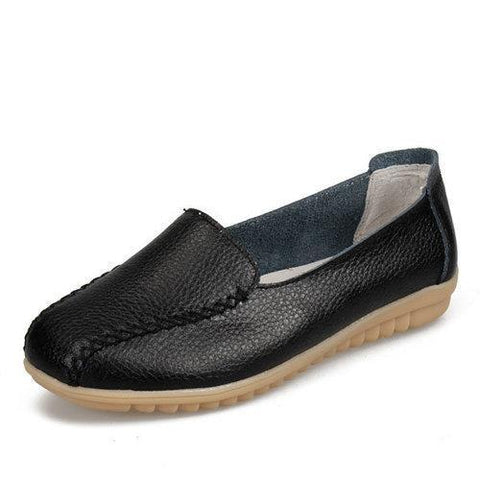 Pure Color Stitching Leather Soft Flat Shoes For Women