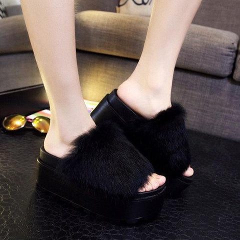 Furry Peep Toe Flat Indoor Outdoor Casual Slipper For Women