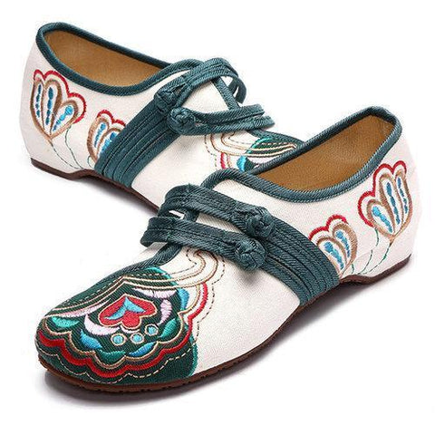 Vintage Chinese Embroidered Flower Mary Janes Buckle Casual Flat Loafers