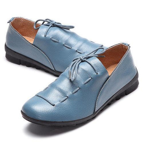 Lace Up Soft Leather Pure Color Flat Loafer Shoes