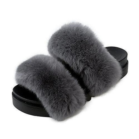 Double Fur Cute Slide Flat Slip On Open Toe Slippers