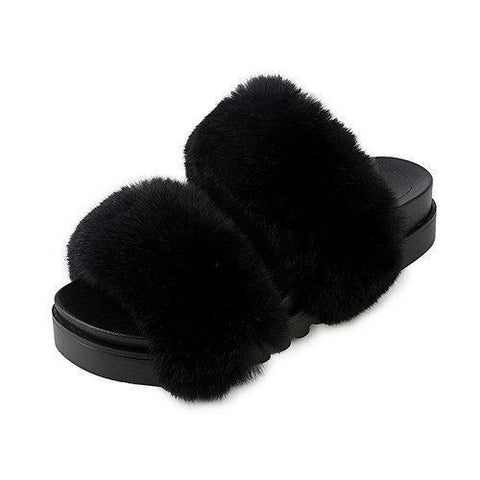 Double Fur Cute Slide Flat Slip On Open Toe Slippers