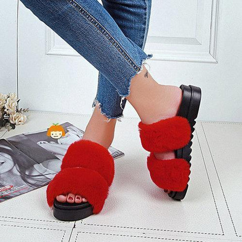 Double Fur Cute Slide Flat Slip On Open Toe Slippers