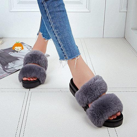 Double Fur Cute Slide Flat Slip On Open Toe Slippers