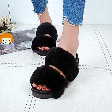 Double Fur Cute Slide Flat Slip On Open Toe Slippers