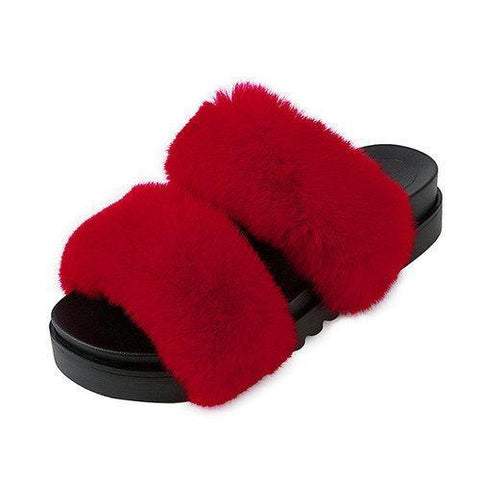 Double Fur Cute Slide Flat Slip On Open Toe Slippers