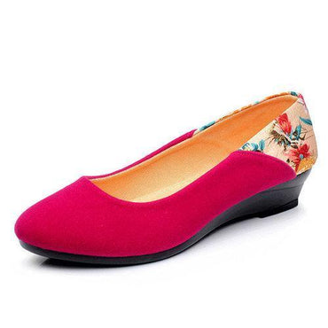 Floral Print Wedge Heel Suede Slip On Office Lady Casual Shoes