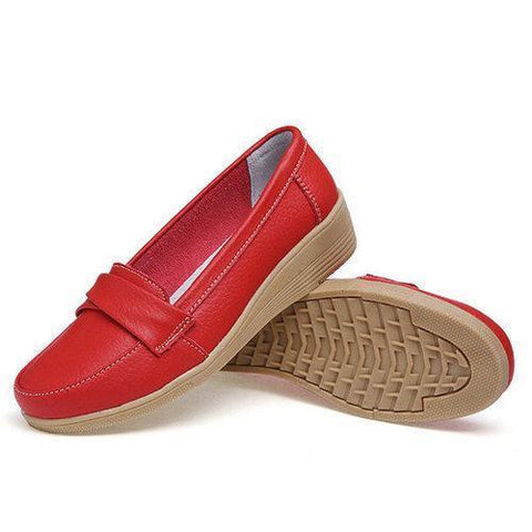 Pure Color Buckle Leather Wedge Heel Loafers For Women