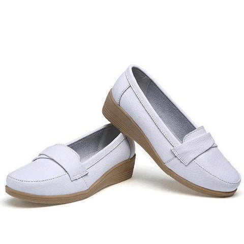 Pure Color Buckle Leather Wedge Heel Loafers For Women