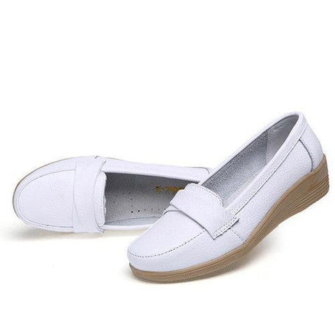 Pure Color Buckle Leather Wedge Heel Loafers For Women